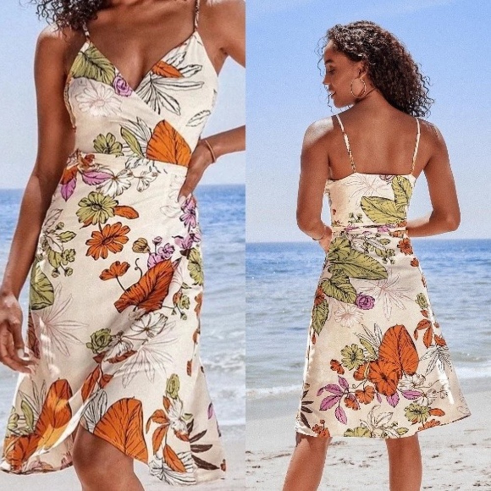 Cupshe Sylvia Floral Wrap Dress Women Small Cream‎ NWT High-Low Botanical Print